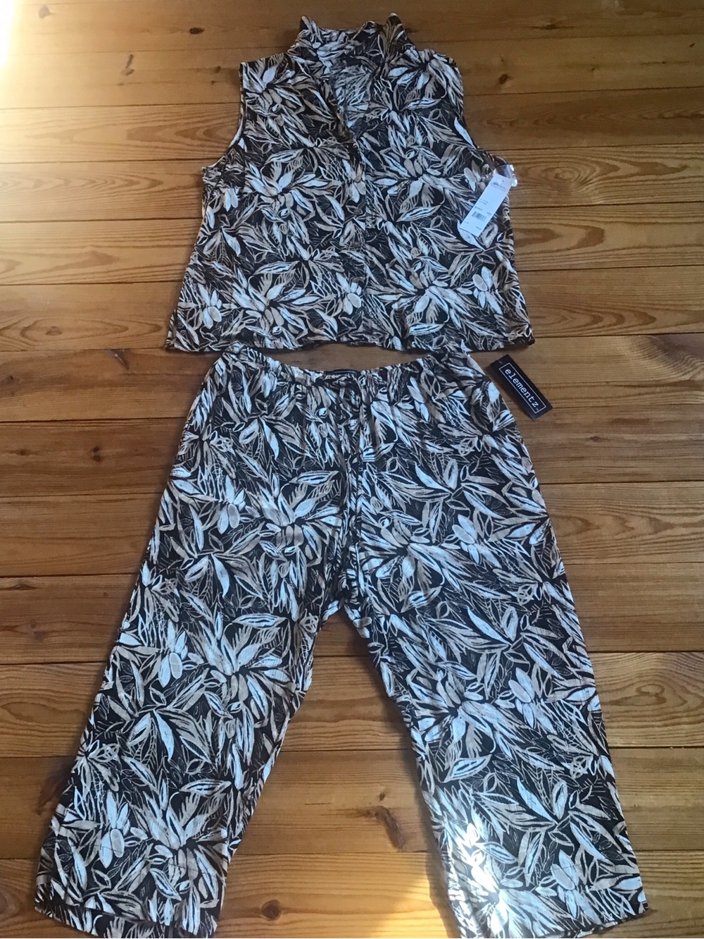 Elementz Cream Black Floral Tropical Print Summer Tank Top Long Pants Grannycore